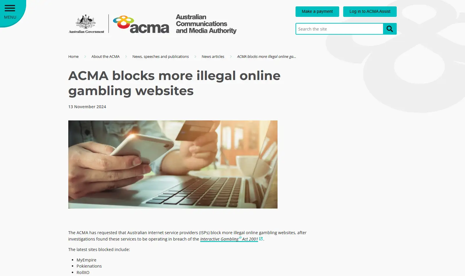 ACMA material naming RollXO in an ISP blocking action