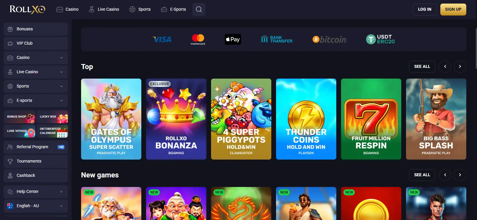 RollXO Australia-localised homepage or lobby