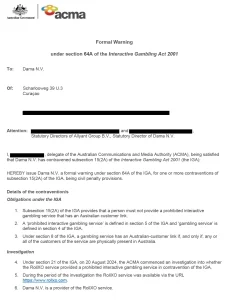 ACMA formal warning concerning RollXO