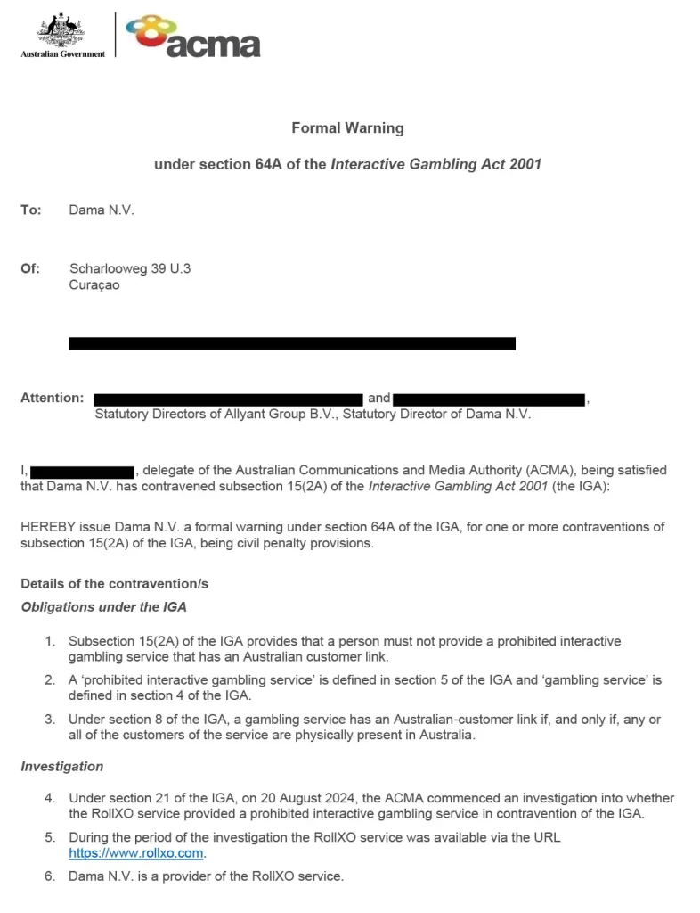 ACMA formal warning concerning RollXO