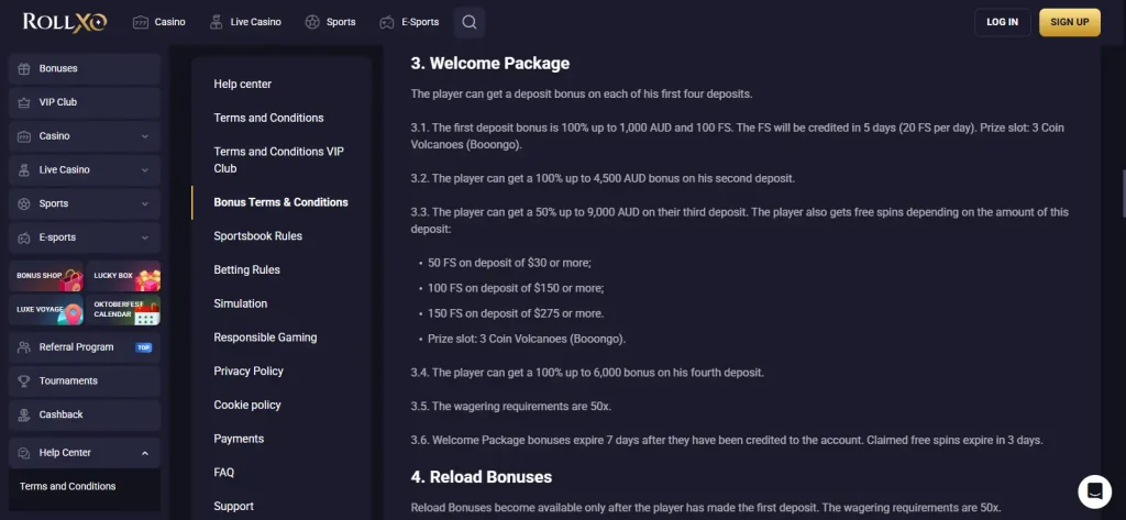 RollXO Australia bonus terms page showing the current welcome package