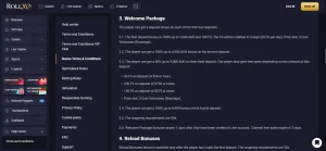 RollXO Australia bonus terms page showing the current welcome package