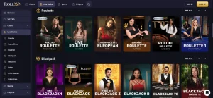 RollXO Australia live casino lobby with live dealer categories