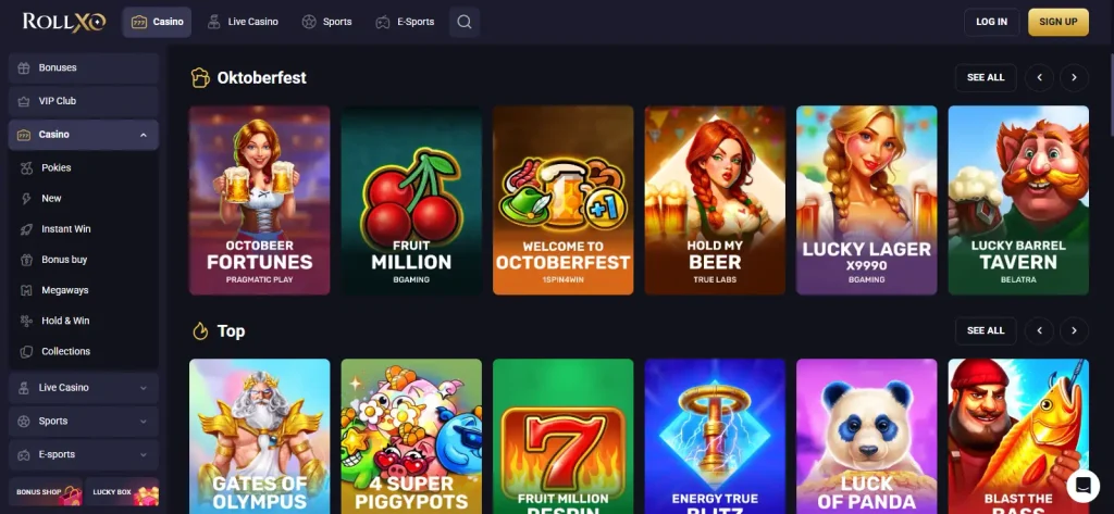 RollXO casino game lobby with categories visible
