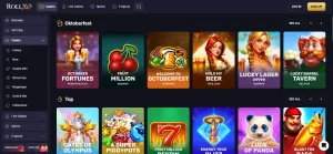 RollXO casino game lobby with categories visible