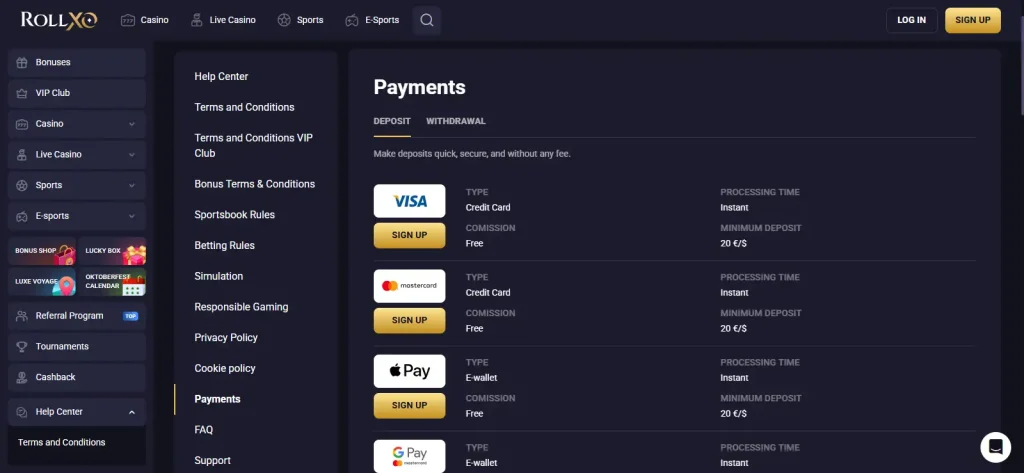 RollXO deposit interface showing AUD currency or available deposit methods