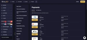 RollXO deposit interface showing AUD currency or available deposit methods