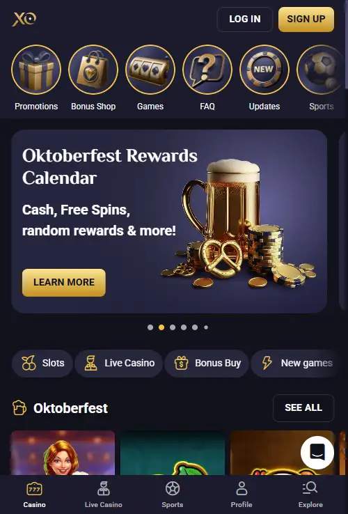 RollXO mobile casino interface and official app install image description