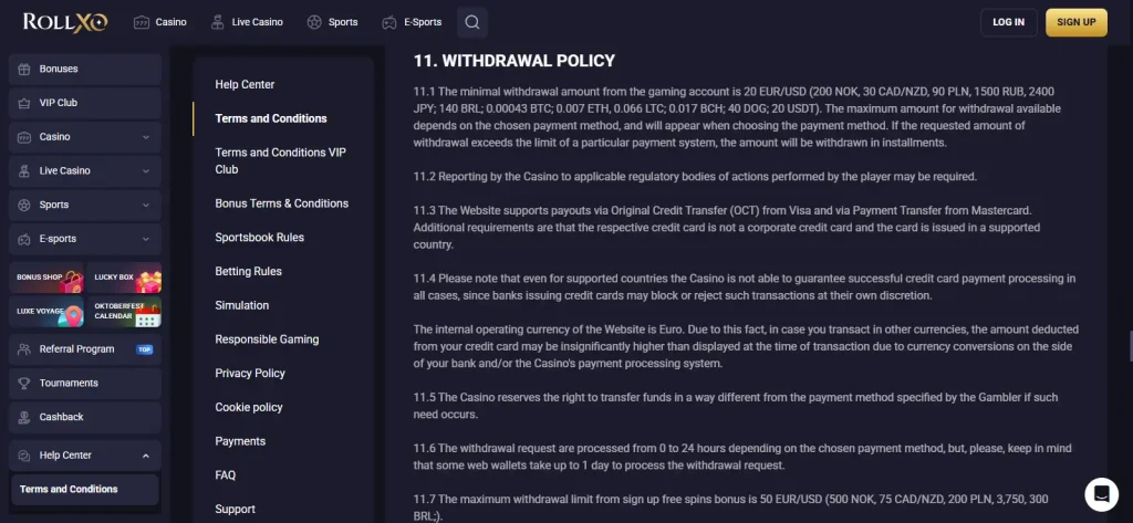 RollXO official withdrawal and verification terms for an Australian-facing account