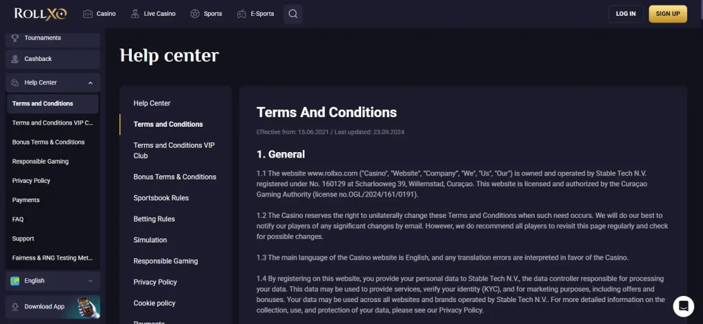 RollXO terms showing Stable Tech N.V. and Curaçao Gaming Authority licence details