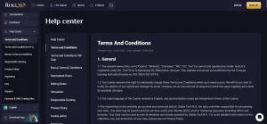 RollXO terms showing Stable Tech N.V. and Curaçao Gaming Authority licence details